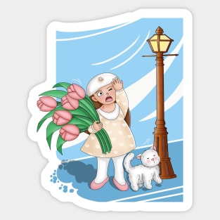 Girl carrying tulips against a strong wind Sticker